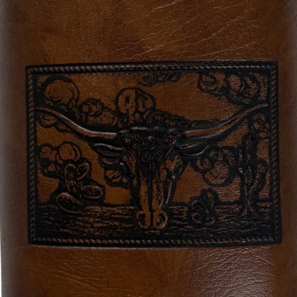 Vintage Western Longhorn Travel Bar Kit Brown Faux Leather Case with 2‎ Flasks